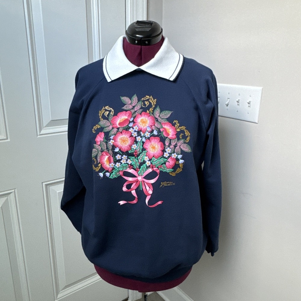 Vintage Morning Sun Sweater Grannycore Blue Floral Embroidered Collar 90s USA